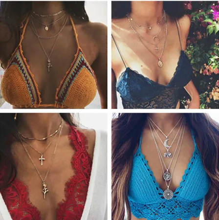 

Multi-layer Coin Flower Love Heart Moon Cross Pendants Necklaces for Women Statement Chain Necklaces Valentine's Day present