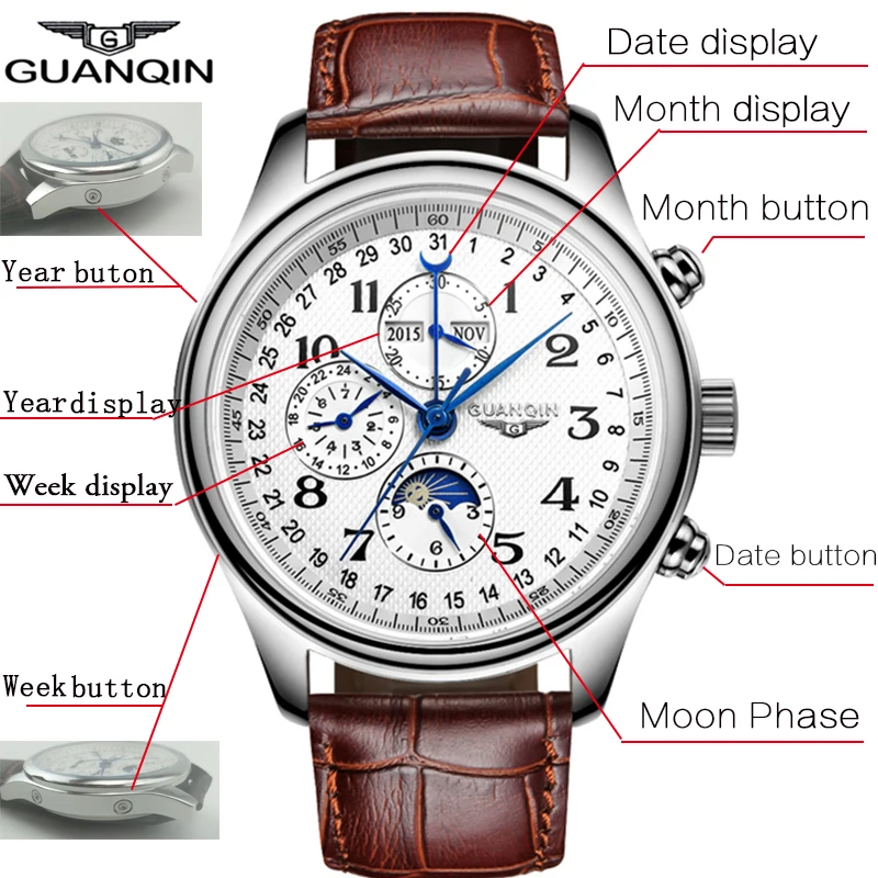 Мужские часы от роскошного бренда GUANQIN, автоматические механические часы, водонепроницаемые часы с вечным календарем, кожаные Наручные часы, мужские часы