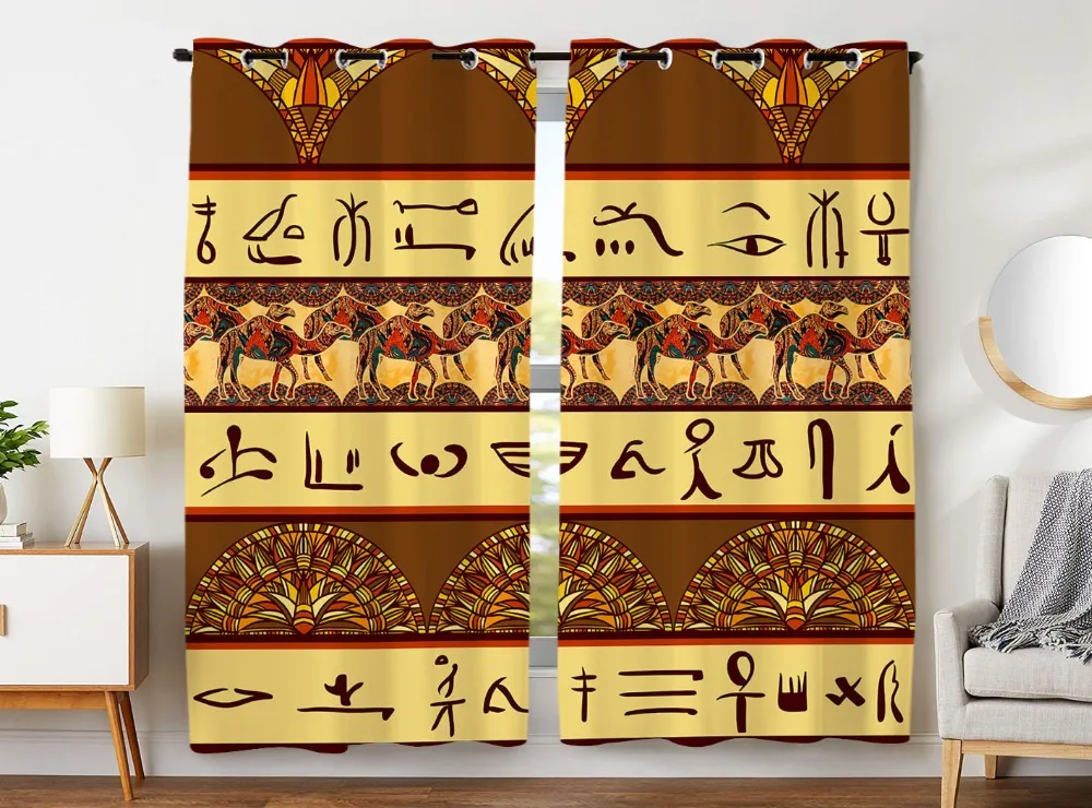 

HommomH Curtains (2 Panel) Grommet Top Darkening Blackout Room Ancient Text Symbol Camel Retro