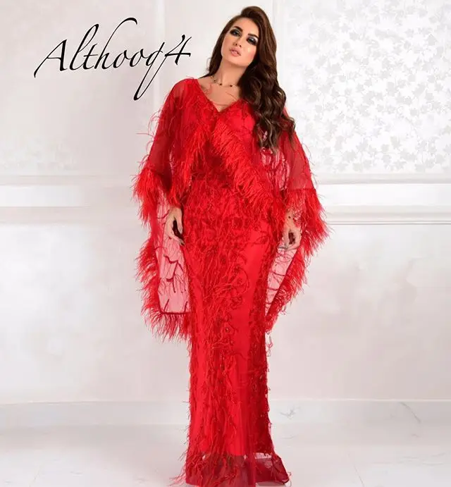

2019 Charming Red Arabic Evening Party Dresses With Feather Jacket Lace Prom Dresses Mermaid Dubai Women Celebrity Guest Gowns