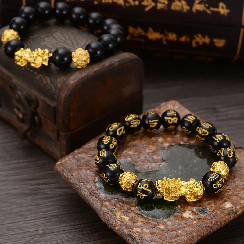 

Natural Stone Black Obsidian Beaded Bracelet with God Beast Golden Pixiu Charms Pendant for Men Buddhist Jewelry LL@17