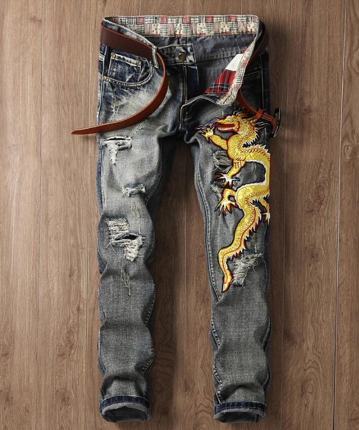 

Spring and Autumn European design Jeans Men Dragon Embroidery Slim Straight Pants Hole Gray