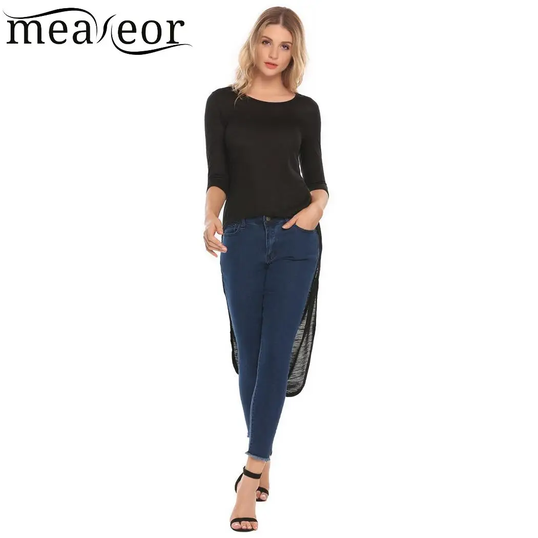 meaneor Tops Casual O-Neck 3/4 Sleeve Solid Long Asymmetrical Hem Sexy T-shirt Women meaneor Tops Casual O-Neck 3/4 Sleeve Solid Long Asymmetrical Hem Sexy T-shirt Women