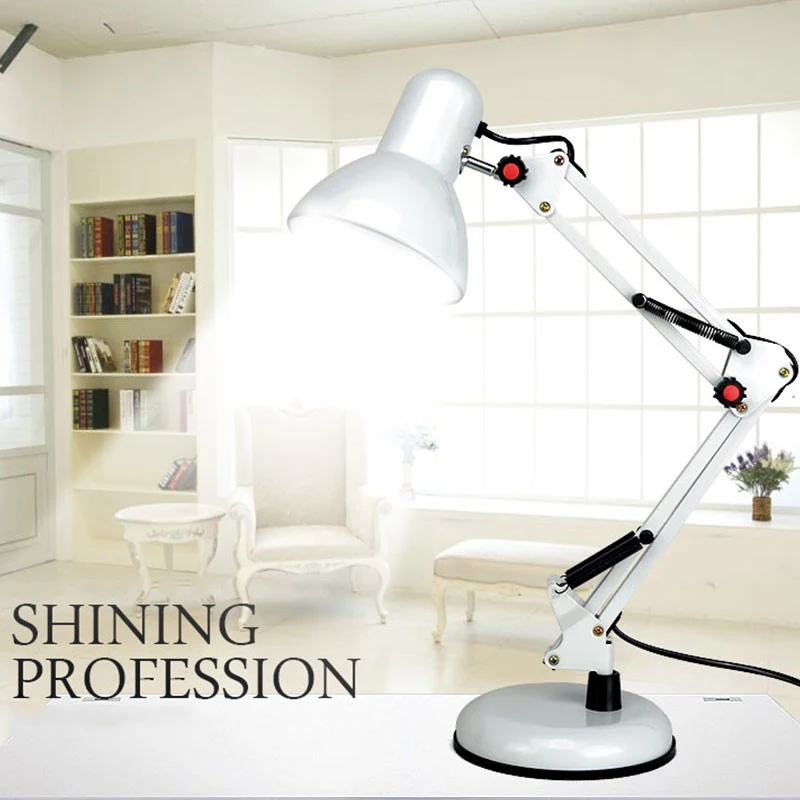 Настольная лампа E27 с гибким поворотным кронштейном, вращающийся на 360 градусов, Настольный светильник для чтения в офисном и домашнем стиле с поворотной головкой - Цвет корпуса: White