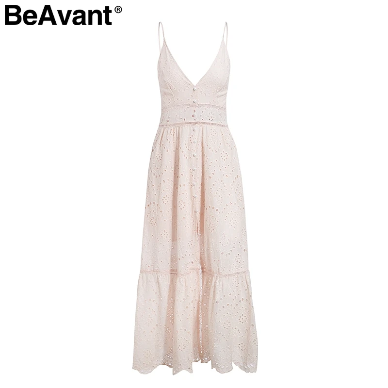 BeAvant, Вышитое хлопковое белое летнее платье, женское сексуальное платье с v-образным вырезом на бретельках, длинное платье с высокой талией и пуговицами, женское Повседневное платье - Цвет: Розовый
