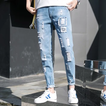 

2019 Spot Men's Summer New Korean Version Of The Loose Trend Of The Hole Tide Card Slim Small Feet Casual Jeans