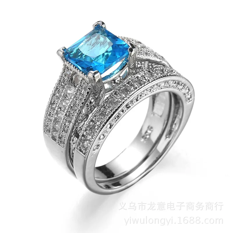 

Sky Blue Square Cut Ring White Gold Filled Couple Ring Set