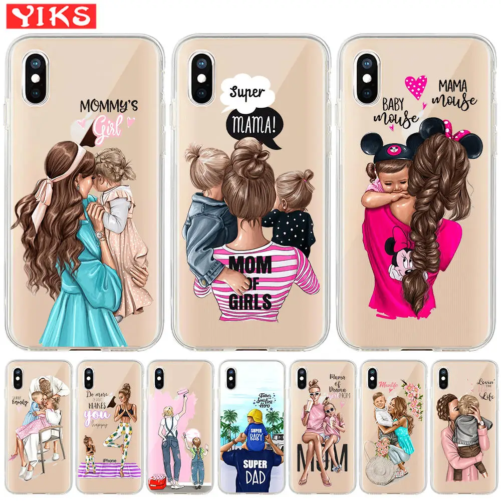

Happy Family Supper Mommy Baby Girl Case For iPhone X XS Max XR 7 8 6 6S Plus 5 5S SE Soft TPU Cute Pattern Cover Funda Etui