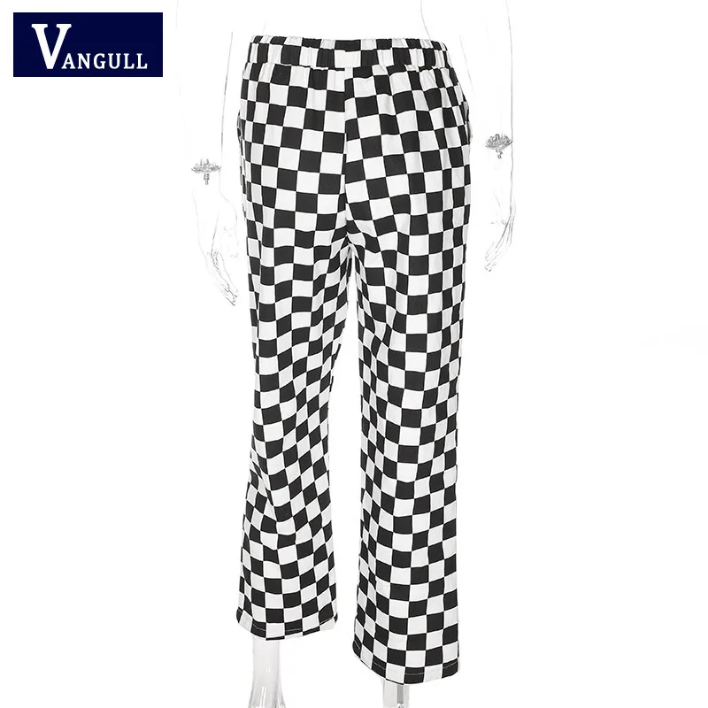 Vangull Plaid Pants Womens High Waist Checkered Straight Loose Sweat Pants Casual Fashion Trousers