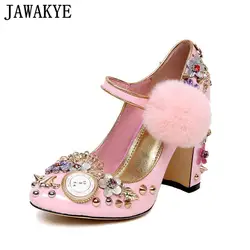 Сладкий Розовые женские туфли-лодочки заклепками высокий толстый каблук Мэри Джейн цветами и кристаллами Свадебная обувь для дам clsaaic