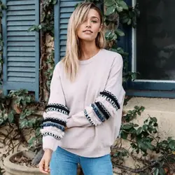 Осень 2019 мода уличная с длинным рукавом О-образным вырезом Женские свитшоты свободные розовые Топы пэчворк пуловер Толстовка женская