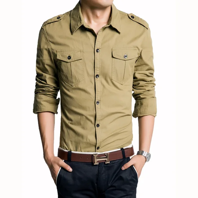 New 2016 Men's Shirt Long Sleeve Military Style Shirts Double Pocket ...