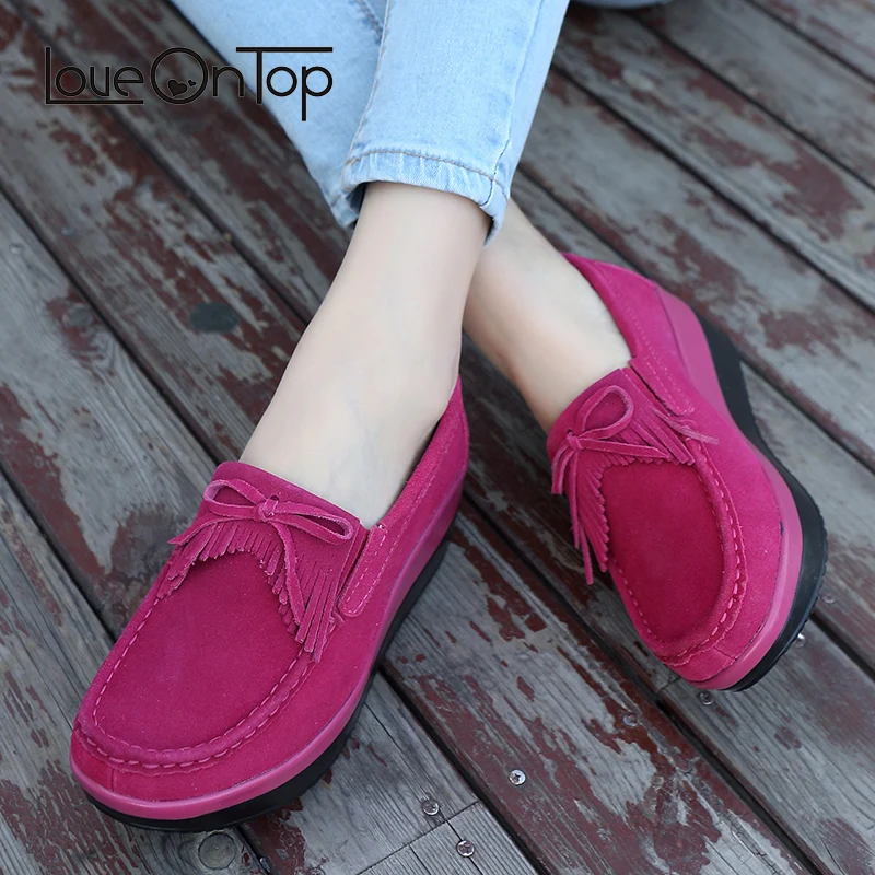 

Loveontop Women Flats Platform Shoes Ladies Suede Leather Casual fringe Slip On Shoes Woman Butterfly Knot Loafers Shoes