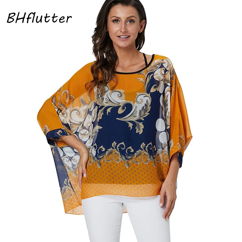 BHflutter Women Tops and Blouses Plus Size 2019 New Style Batwing Casual Summer Blouse Floral Print Boho Kimono Chiffon Shirts