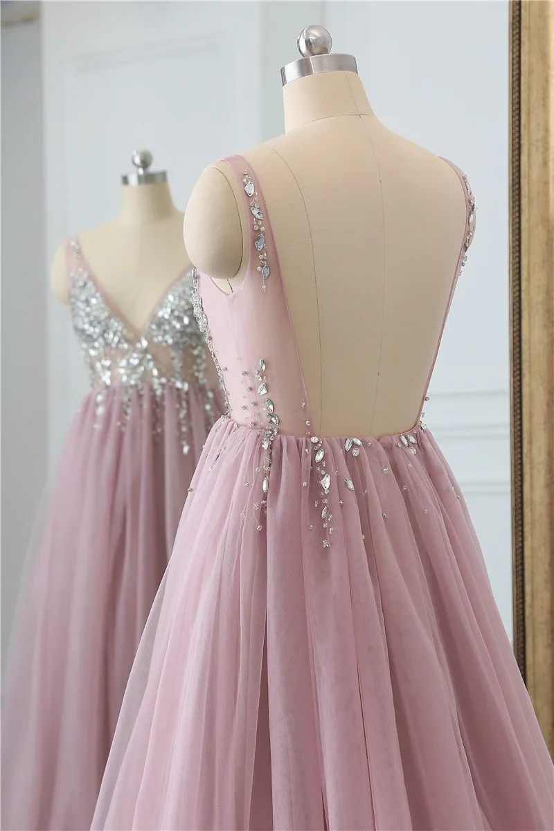 pink prom dress HONGFUYU Sexy High Slit Sleeveless Long Prom Dresses 2020 Backless A Line Beading Floor Length Sequined Prom Dress HFY102301 sage green prom dress