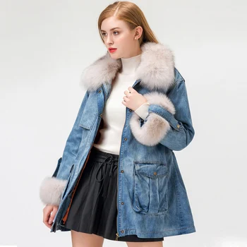

Winter Jacket Coat Women 2019 New Women's Real Fox Fur Collar Denim Coat Removable Liner Loose Long Down Coats Windbreaker Parka