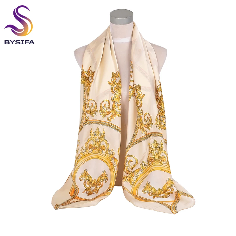 

[BYSIFA] Beige Gold Silk Scarf Shawl Women Oversize Satin Silk Square Scarves Wraps Autumn Winter Muslim Head scarf 135*135cm