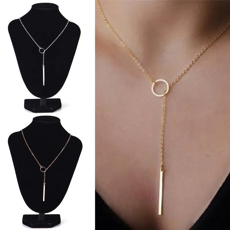 1pc Chic Y Shaped Color Bar Circle Lariat Style Necklace Womens Unique Charming Tone Bar Circle Lariat Necklace