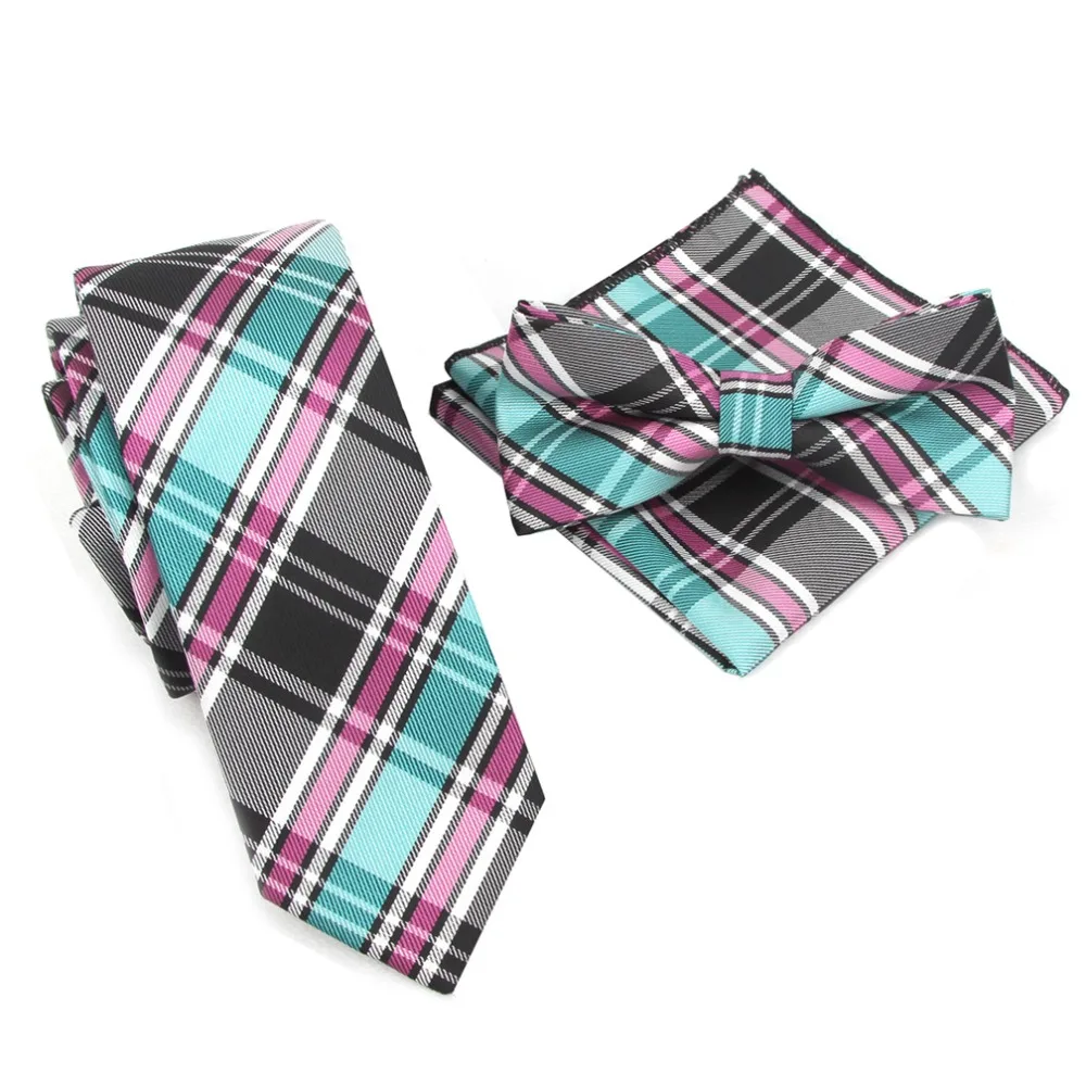  2019 Slim Tie Plaid Ties Set Bowtie Handkerchief Pocket square Necktie 21 colors