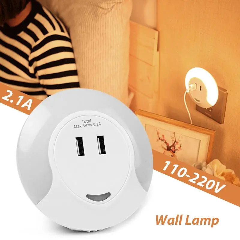 

LAIDEYI Mini Night Light Dual USB Quick Charger Wall Socket Innovative LED Light-Controlled Sensor Night Lamp Wall Bedside Lamp