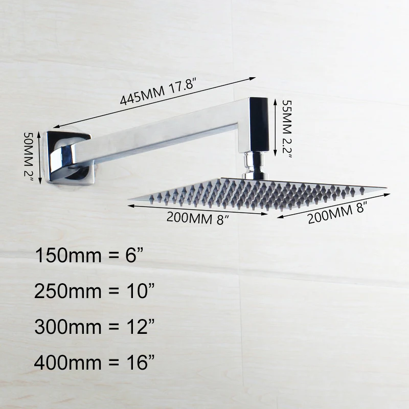 Monite 8~ 16 дюймов из нержавеющей стали светодиодный супер-тонкая душевая головка для ванной комнаты настенное крепление ультра-тонкая квадратная насадка для душа спрей - Цвет: No light