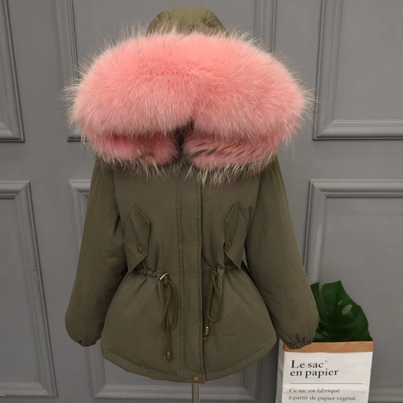 Plus size Natural Fur White Duck Down Winter Coat women's jacket with hood Thicken Warm women's down Parka chaqueta mujer YRE05 - Цвет: ArmyGreen Pink