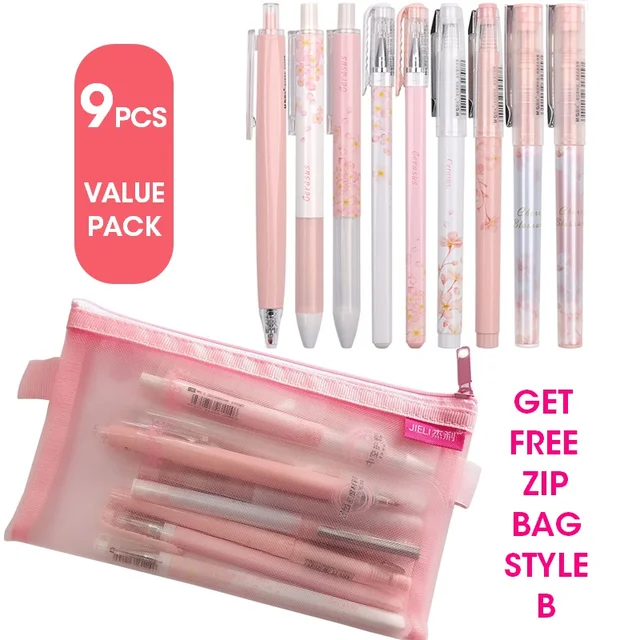 M&G Sakura Pink Cute Kawaii Gel Pen Set Black Gel Ink Pens 0.5mm 0.38mm Retractable for school supplies gelpen stationery roller 9 Pcs Value Pack B