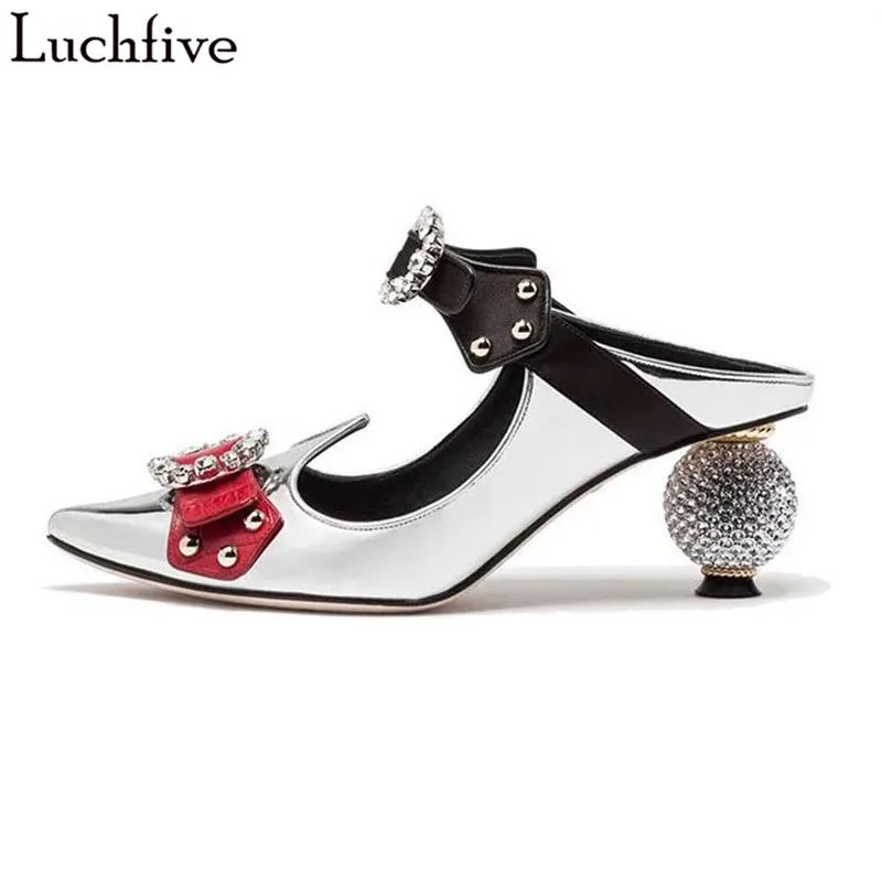 

Luchfive Crystal Ball Heel Pumps Women Pointy Toe Buckle Strap Strange Heel Sandals Fashion Spring Summer Rhinestone Slippers