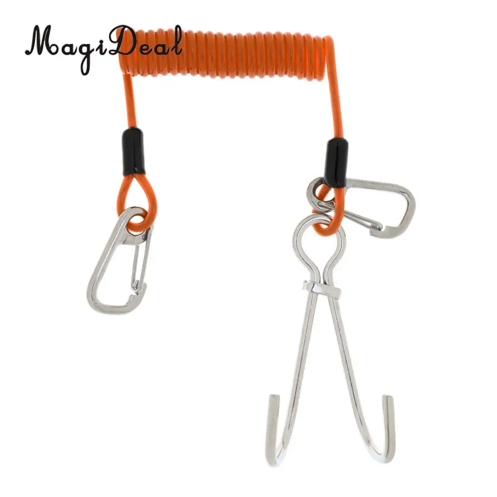 MagiDeal High Strength Scuba Diving Reef Double Hooks&Spiral Coil Lanyard+Carabiner Kit for Drift Dive Swiming Underwater Sport