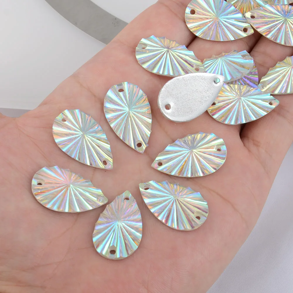 

BOLIAO 10Pcs 16*27mm ( 0.63*1.06in ) Drop Shape Acryl White AB Color Crystal Flatback Sew On Clothes Home Decor DIY 2 Hole