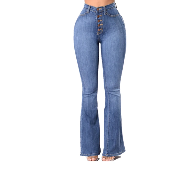 Ретро Высокая талия расклешенные джинсы для женщин высокая посадка колокольчик джинсы с кроем для женщин стрейч тонкий Клеш Джинсы ягодицы прикладом джинсовые брюки - Цвет: Небесно-голубой
