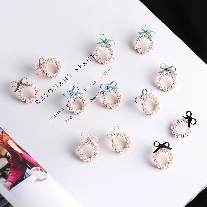 Милые красочные серьги с бантом, геометрические круглые серьги-гвоздики из искусственного жемчуга для женщин, подарок на день рождения FSPES440