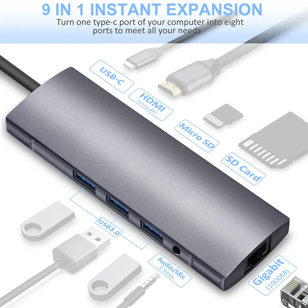 9в1 Type C к HDMI RJ45 3USB3.0 TF SD аудио PD Многофункциональный узловой центр для адаптера Macbook