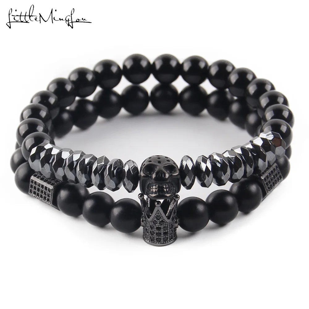 

Natural stone beads handmade Men Bracelet Copper Crown Titanium Steel Warrior Skull Skeleton bracelets & bangles for Men Jewelry