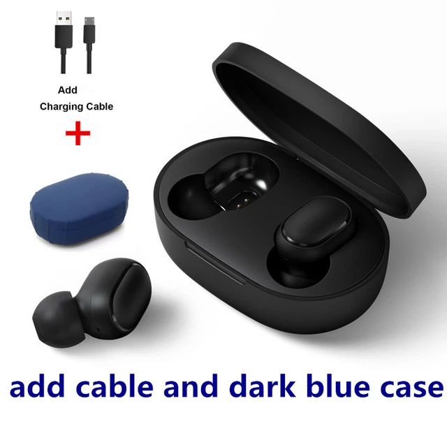 Original Xiaomi Mi Redmi AirDots Earphone Bluetooth 5.0 Wireless headset Noise Reduction stereo Headphone Earbuds Handsfree - Цвет: dark blue case cable