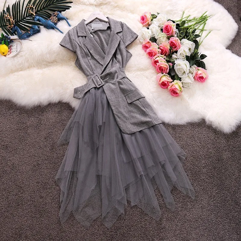 TAOVK женский летний сплошной цвет Зубчатый воротник короткий рукав сшивание сетки нерегулярное платье - Цвет: Grey