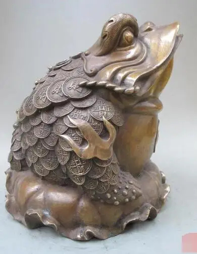 

S03264 Fengshui Bronze Chinese Lotus Leaf Frog jin chan coin Toad wealth Statue