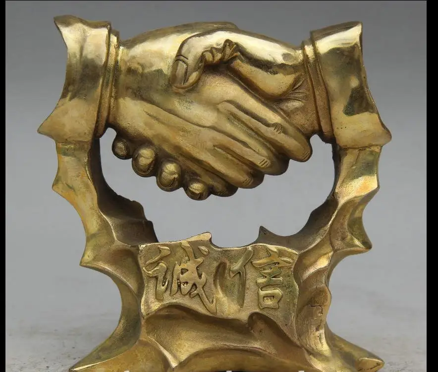 

671115899*++6" Chinese Folk Brass Two Hand Grip cooperate credibility and integrity Statue