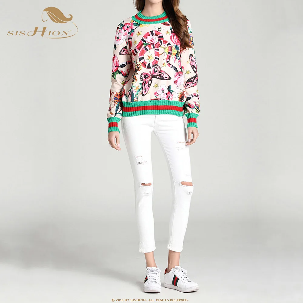

SISHION 2019 autumn and winter Fashion embroidery sweatshirt women Retro snake-shaped butterfly print sweatshirt SP0220