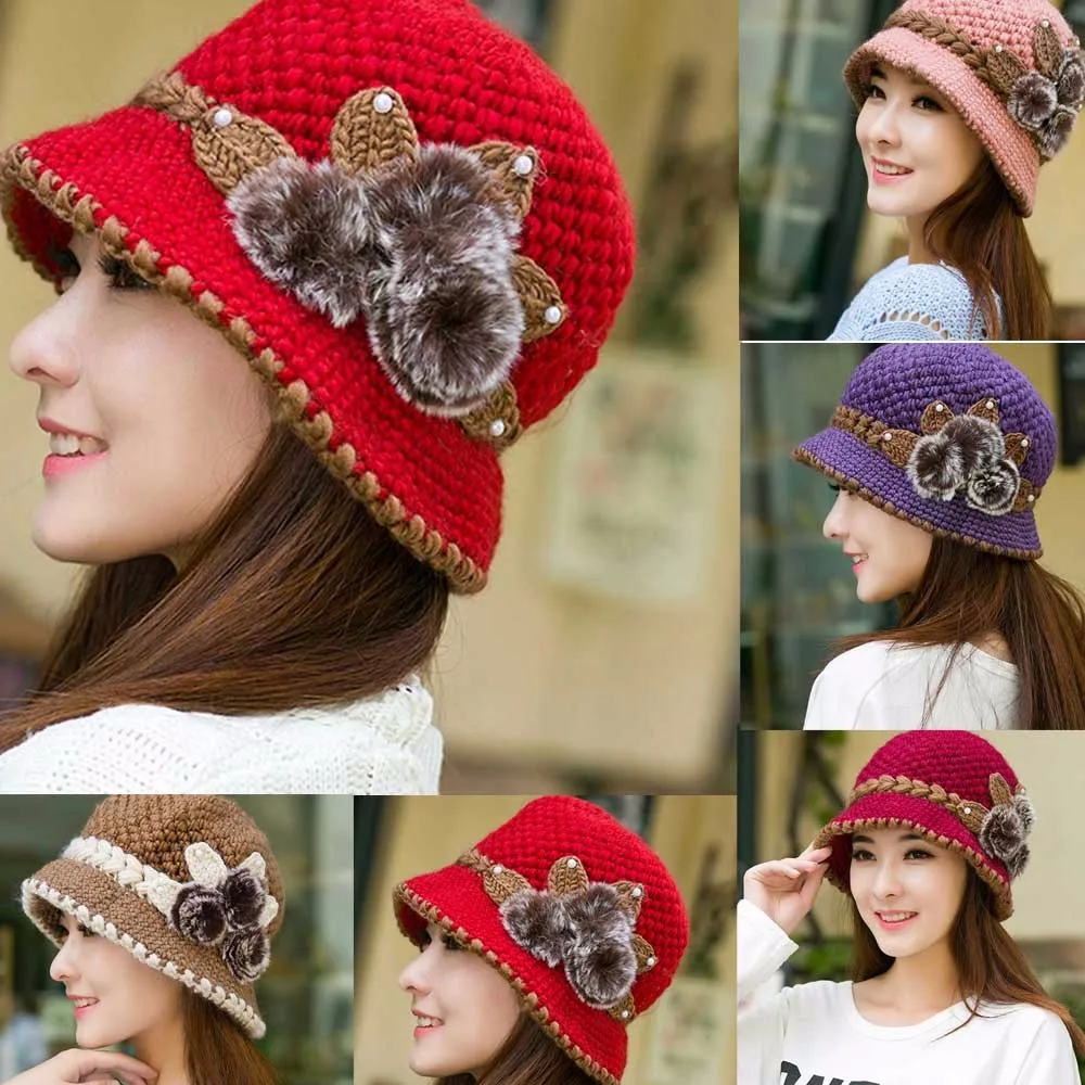Новинка, женская зимняя модная теплая шапка, вязаная шапка, украшенные цветами, уши, шляпа сомбреро