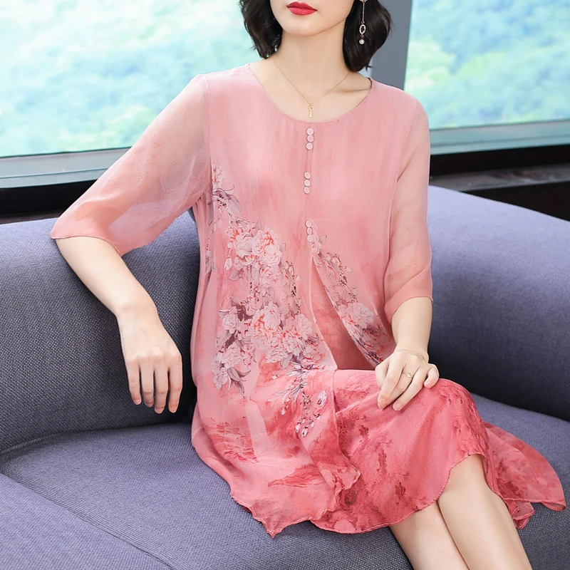 

Chinese Style Silk Dress Women Plus Size Large High Quality 2019 Summer Print Floral Party Dresses Robe Elegant Vintage Clothing
