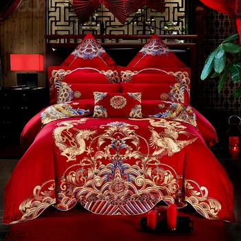 

Red Wedding Luxury Gold Loong Phoenix Embroidery Cotton Bedding Set Duvet Cover Bed Sheet Bedspread Pillowcase Bed Flag 4/6/9pcs