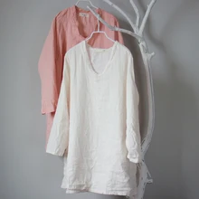 Женское хлопковое белье сплошной цвет свободный пуловер Футболка Весна Лето Винтаж длинный рукав v-образный вырез тонкая мягкая дышащая футболка Топы