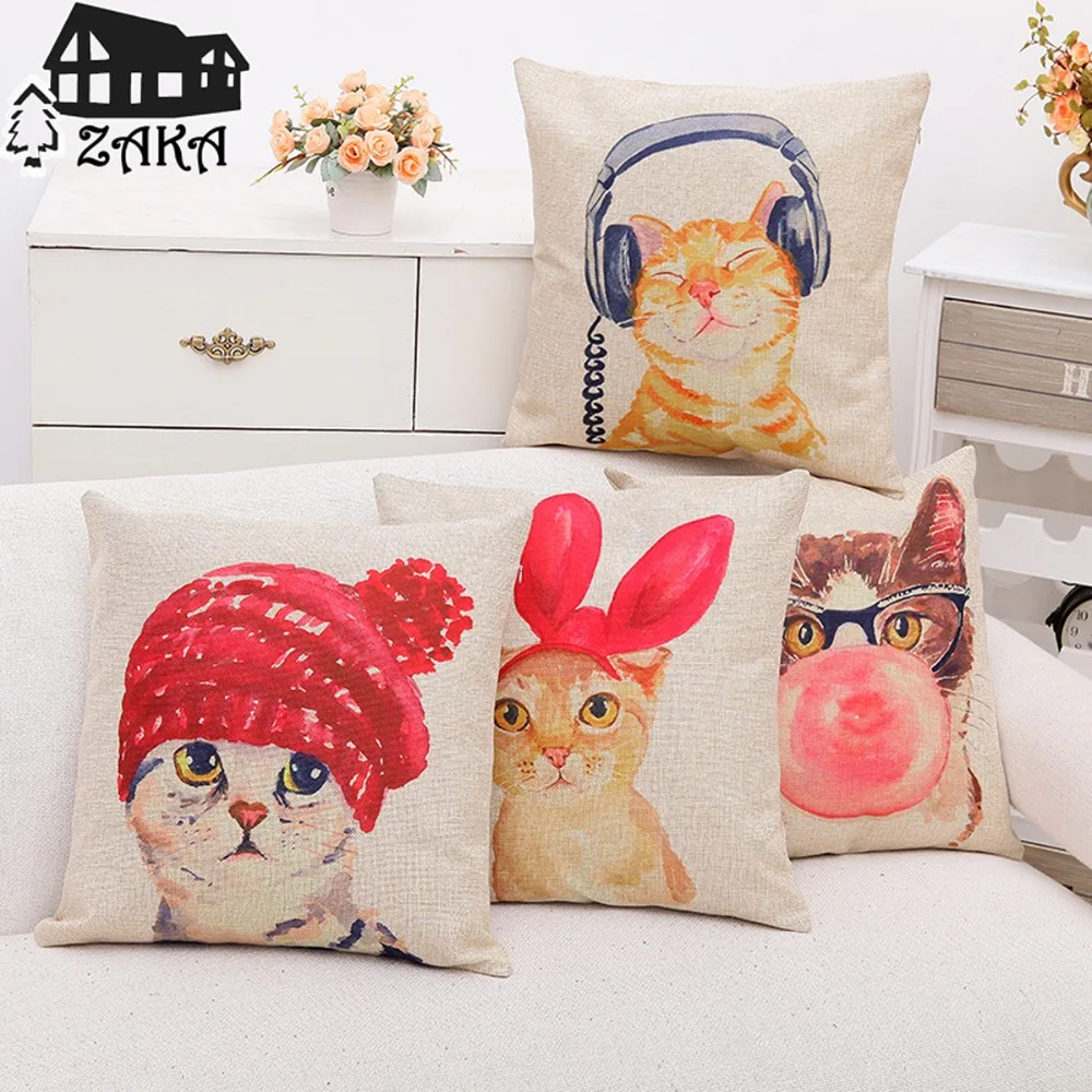 17" thicker cute kitty Cat Series square cotton linen home sofa