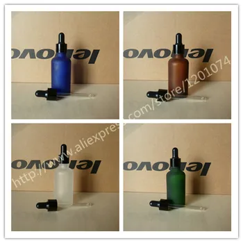 

50ml clear/blue/brown/green frosted Glass Essential Oil Bottle With aluminum shiny black ring+white/black rubber dropper cap.