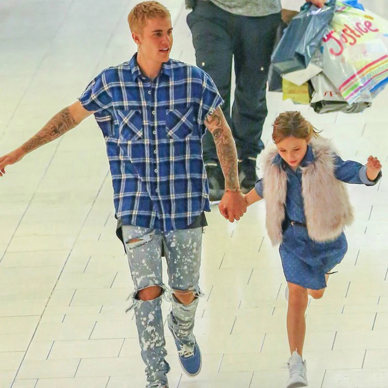 Streetwear Oversized Plaid Sleeveless Shirts Waist Zipper Checkered Mens Justin Bieber Tide Multi-color Loose Waistcoat Shirt