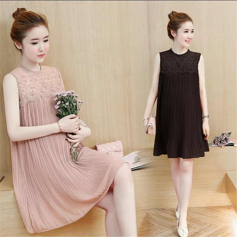 

Korean Summer Fashion Casual O Neck Sleeveless Pregnancy Women Pleat Chiffon Dress Maternity Mini Cute Dress Pregnant Clothing