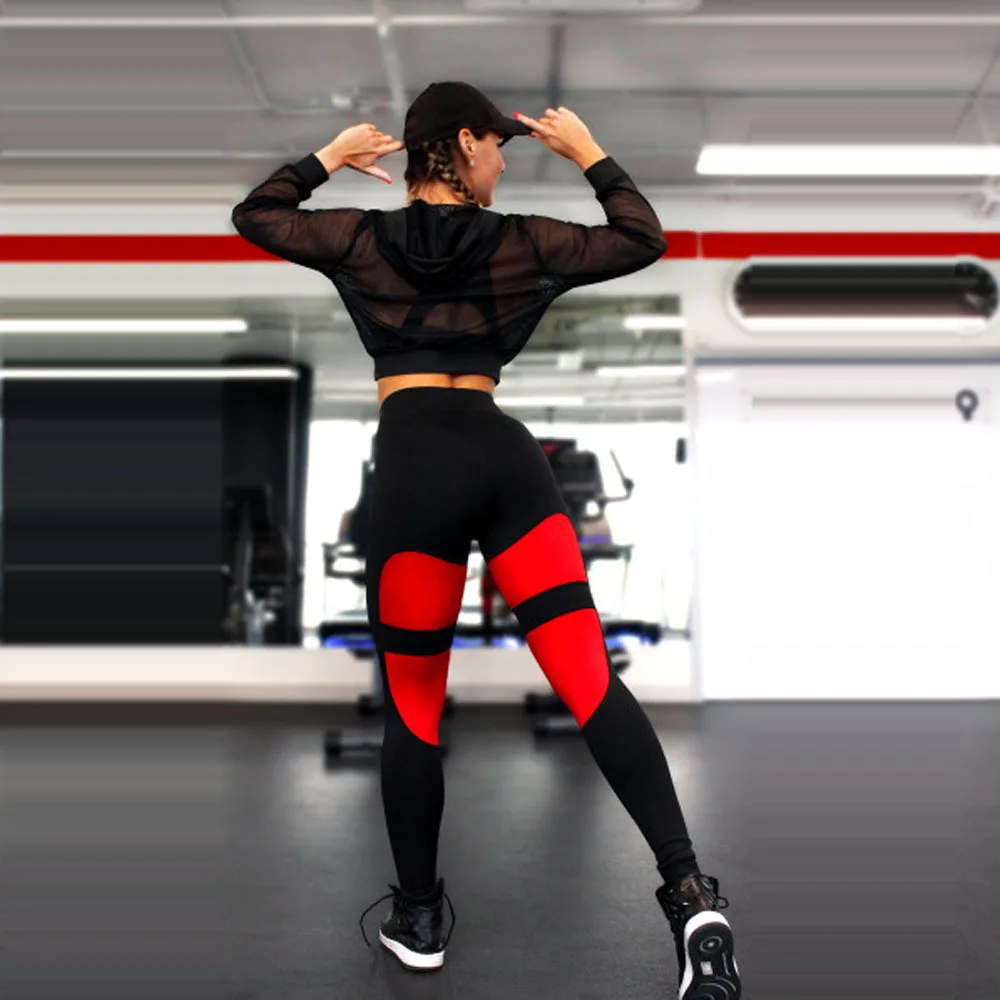 

Black And Red Patchwork Slim Hip Push Up Sports Leggings Fitness Women Gym Fitnes Sport Pants High Waist Tummy Control Leggings