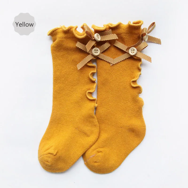 Новые детские носки, Вязаные гольфы с большим бантом для маленьких девочек, мягкие хлопковые кружевные детские носки, детские носки для маленьких девочек, kniekousen meisje - Цвет: Цвет: желтый
