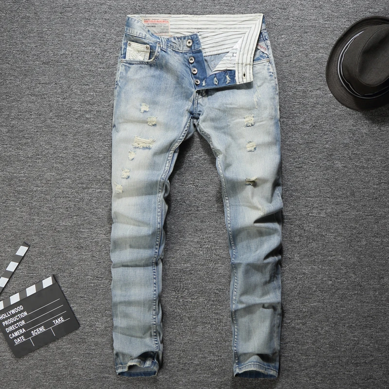 Italian Style Fashion Men Jeans Light Blue Skinny Fit Classical Buttons ...